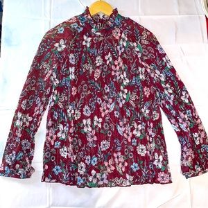 5/$25 TOPSHOP Floral Ruffle Neck Blouse Burgundy US Size 8